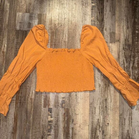 None Tops - Boho Orange Ruched Smocked Long Sleeve Crop Top Small